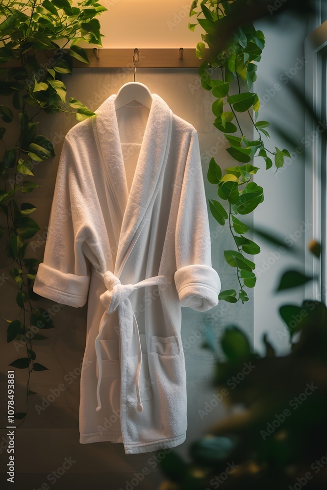 Poster show the peace and calmness with a simplistic image of a bathrobe hanging in a spa ai generated illu