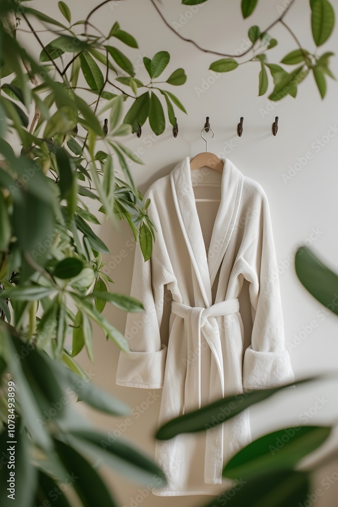 Poster show the peace and calmness with a simplistic image of a bathrobe hanging in a spa ai generated illu