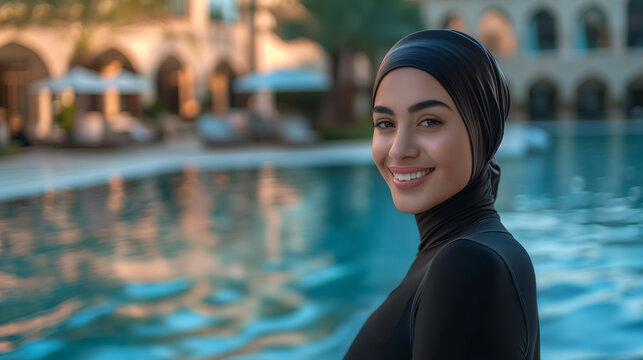 Young Muslim woman in a black burkini at a pool.