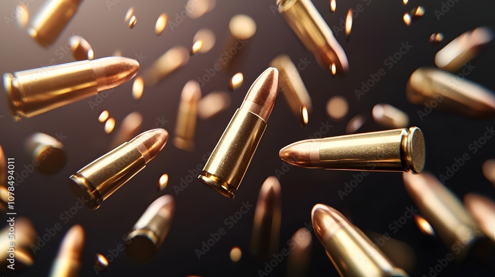 Poster dynamic descent of machine bullets - high-impact motion blur with metallic glints on dark background