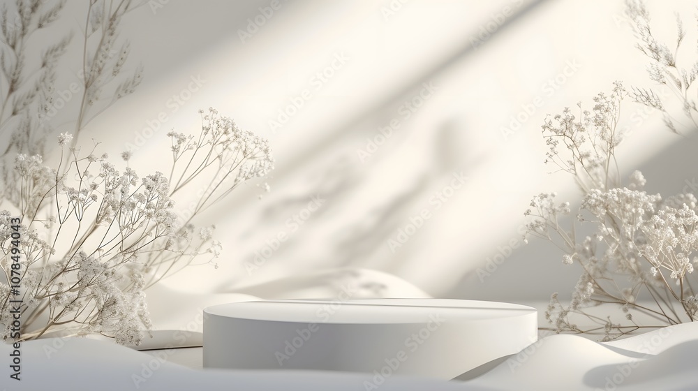 Poster showcase a pristine white macro podium with organically shaped gipsum props closeup ai generated ill