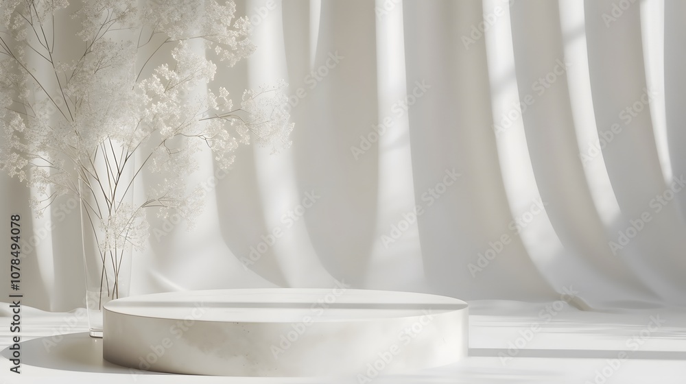 Poster showcase a pristine white macro podium with organically shaped gipsum props closeup ai generated ill