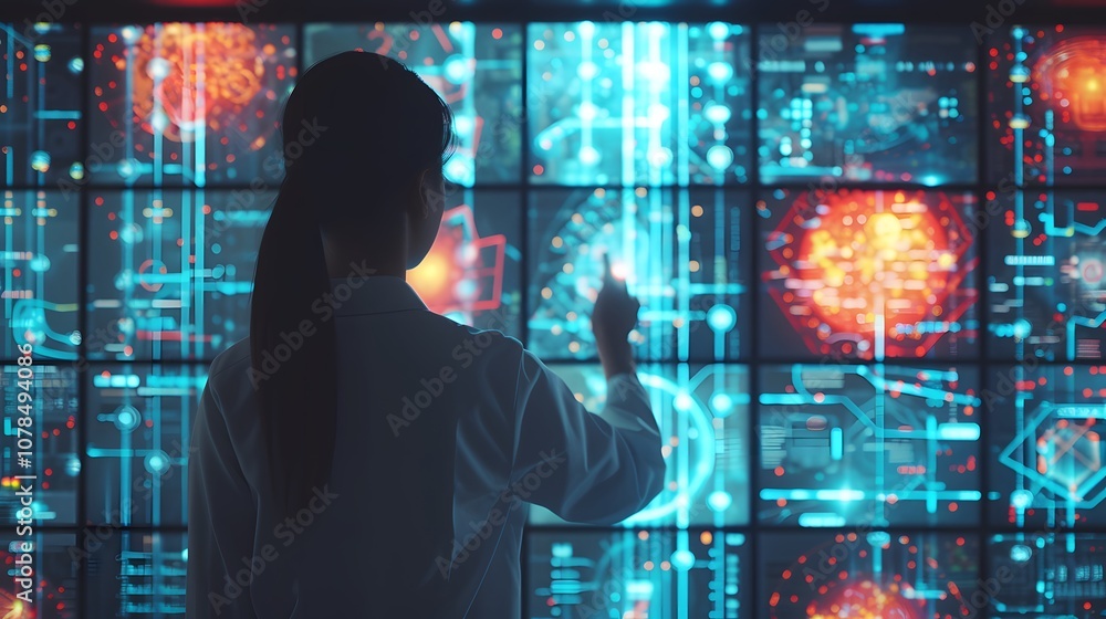 Poster showcase a scientist standing before screens filled with vibrant data visualizations signifying the 