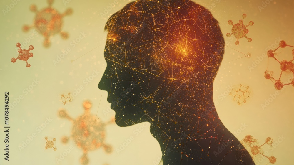 Aufkleber A human silhouette is surrounded by molecular structures and diagrams, representing the intersection of science and human intellect. Generative AI
