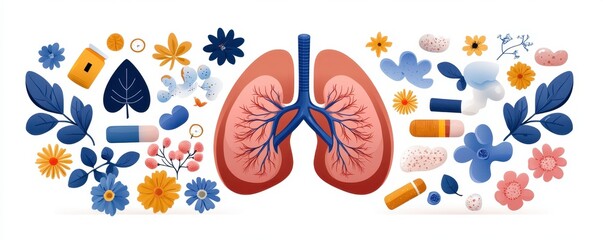 Lungs with floral and pill designs, white background