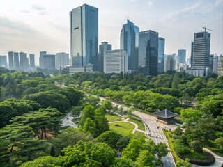 Fototapeta premium Double Exposure Photography of a Serene Park Surrounded by Modern Office Buildings in Seoul, Blending Nature and Urban Life for a Unique Perspective