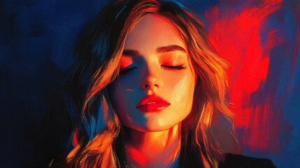 A woman with closed eyes is illuminated by red and blue light.