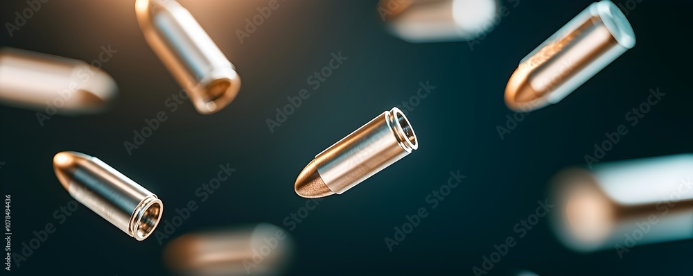 Poster falling machine bullets in motion blur - captivating metallic reflections against a shadowy backdrop