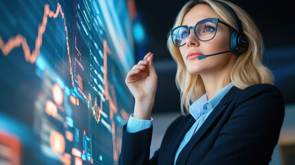 businesswoman with headset analyzing data in conference room, focused and professional. Her engagement reflects determination and expertise