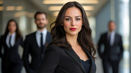 confident businesswoman in suit stands in modern office, exuding leadership and professionalism, with colleagues blurred in background