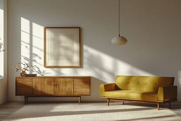 A living room photo of a combination of japandi and mid century modern interiors in a living room with a yellow sofa and wood cabinet. Generative AI
