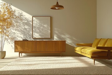 A living room photo of a combination of japandi and mid century modern interiors in a living room with a yellow sofa and wood cabinet. Generative AI
