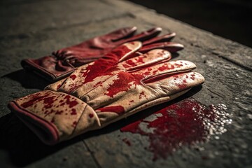 Dramatic Close-Up of Bloodied Gloves on a Dark Surface, Evoking a Sense of Mystery and Intrigue in Portrait Photography