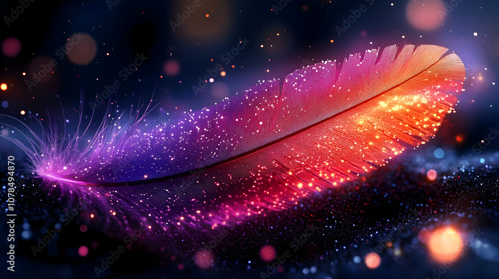 Poster glowing feather with sparkles abstract background