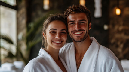 Fototapeta premium Happy couple in white bathrobes enjoying spa time