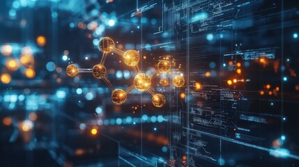 A glowing, 3D molecular structure in a digital environment with data and code behind it.