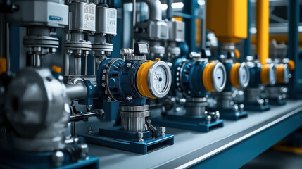 Fototapeta premium Row of industrial pumps with pressure gauges in a facility, featuring blue and yellow components and metal piping, highlighting precise mechanical engineering and equipment alignment.