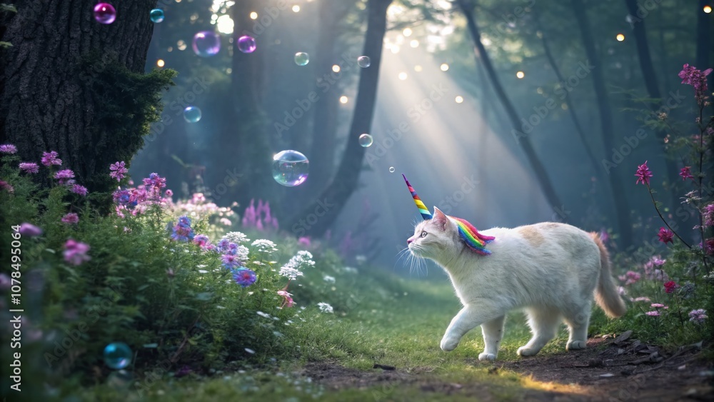 Poster dreamlike surrealism: a unicorn cat in a magical forest surrounded by floating crystals and ethereal