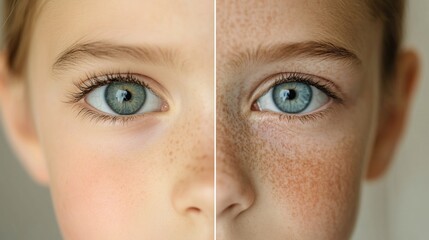 Naklejka premium Close-up of a girl's face with freckles, half with and half without retouching.