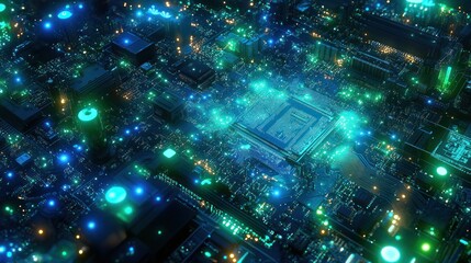 A glowing circuit board with blue and green lights.