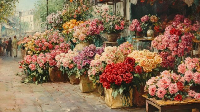 A vibrant street-side flower stall filled with an abundance of roses in various shades of pink, red, and white.