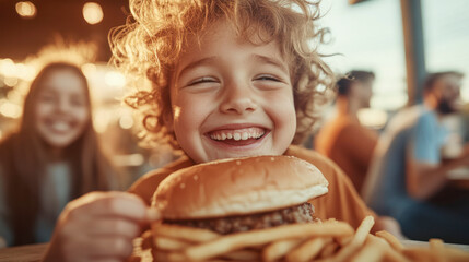 Happy child enjoying a meal with friend in a sunlit caf&eacute; setting.