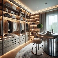 A view of a walk in closet with a round table and stool