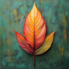 Vibrant orange and red canna leaves against textured green background create stunning visual. intricate details and colors evoke sense of warmth and nature beauty