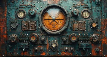 Vintage industrial control panel featuring a large central compass/gauge with orange dial, surrounded by various meters, clocks, and controls on a weathered turquoise metal surface with rust patina