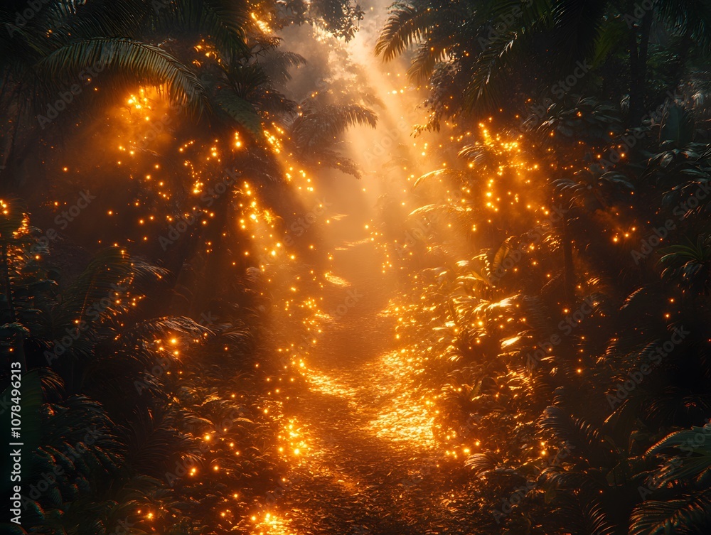 Poster a mystical forest path illuminated by golden light, creating a serene and enchanting atmosphere.