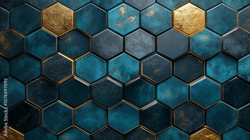 Aufkleber abstract hexagonal pattern with blue and gold metallic texture.