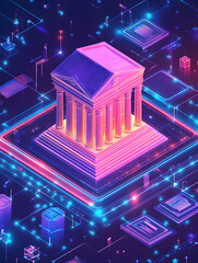 Fototapeta premium Digital bank with pillar of tablet surrounded by money icons, shopping cart, bills, credit cards, bar chart, hand calculator, certificates, people, wallet, with light and connections