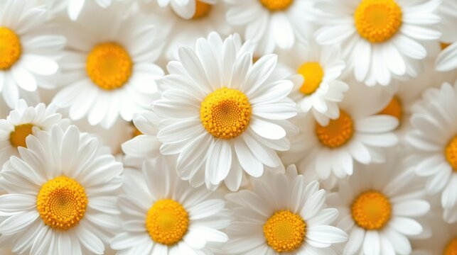 A close-up shot of a cluster of delicate white daisies with bright yellow centers, creating a beautiful and cheerful pattern.