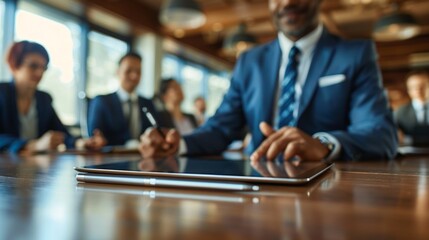 An African American businessman in a blue suit uses a tablet at a conference table. Other professionals in the modern office join the discussion.