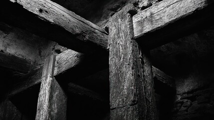 A low-angle grayscale photograph of a weathered wooden beam in a dark, stone room, with the beams crossing to form an 'X' in the foreground and creating an abstract pattern in the background.
