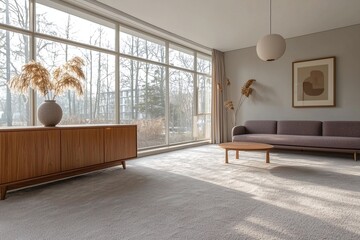 A mid century modern interior in the living room with minimalist, sofa and wood cabinet and pendant lighting. Generative AI
