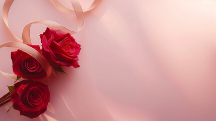 Valentine's Day Background with Red Roses and Pink Ribbon