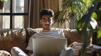 A man focused on his laptop in a relaxed setting with indoor plants, creating a comfortable atmosphere. He appears casual and engrossed in his work.