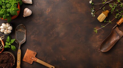Garden tools and plants on a rustic brown background.
