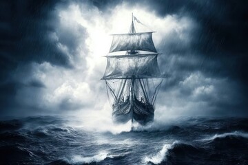 Obraz premium A ship sails through stormy seas. A perfect picture for themes of adventure, perseverance, and the power of nature.