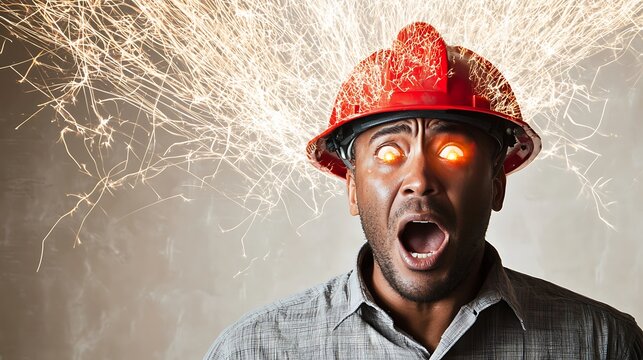 Shocked Worker with Spark Effects Wearing a Hard Hat, Capturing the Emotion of Surprise and Safety Awareness in a High-Energy Environment
