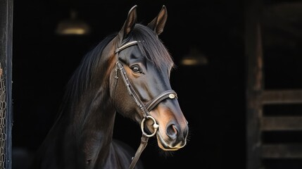 A close-up portrait of a brown horse with a bridle in a dark stable.