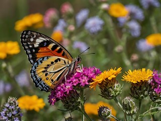 Obraz premium A Colorful Butterfly Perched on Pink and Yellow Flowers