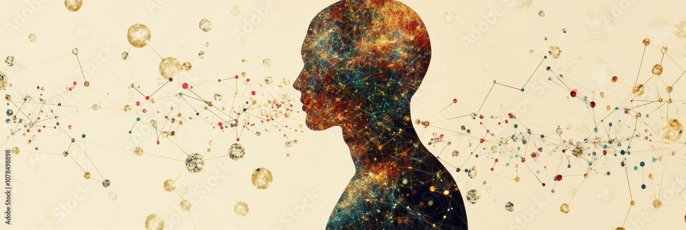 Leinwandbilder a human silhouette is surrounded by vibrant molecular structures and diagrams symbolizing exploratio