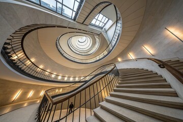 Fototapeta premium Elegant Curved Staircases Intertwine in a Captivating Dance of Lines and Shadows, Showcasing Modern Architectural Design in a Spiraling Display of Beauty and Style