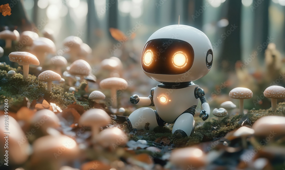 Poster robot exploring forest with mushrooms, small robot with glowing eyes, surrounded by various mushroom
