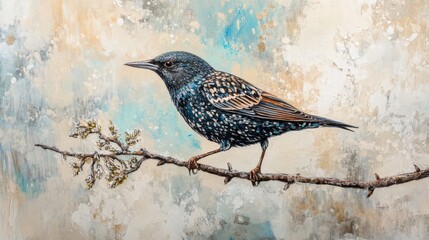 A detailed painting of a small bird perched on a branch, its plumage rendered with intricate detail and vibrant colors.