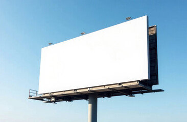Obraz premium A blank billboard stands tall against a bright blue sky, ready for advertisements or promotional displays.