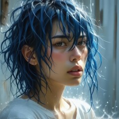 arafed woman with blue hair and white shirt looking at something
