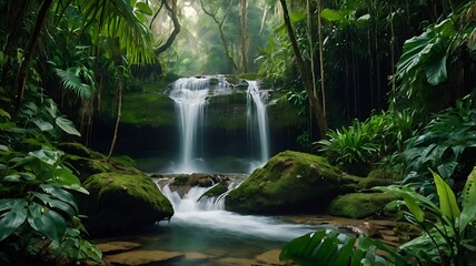 Tranquil Waterfall Cascading Through Lush Green Foliage in a Tropical Rainforest